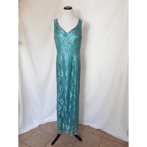 80s Handmade Teal Green Vtg Prom Lace Overlay Dress and Mermaid Hem - Picture 9 of 10
